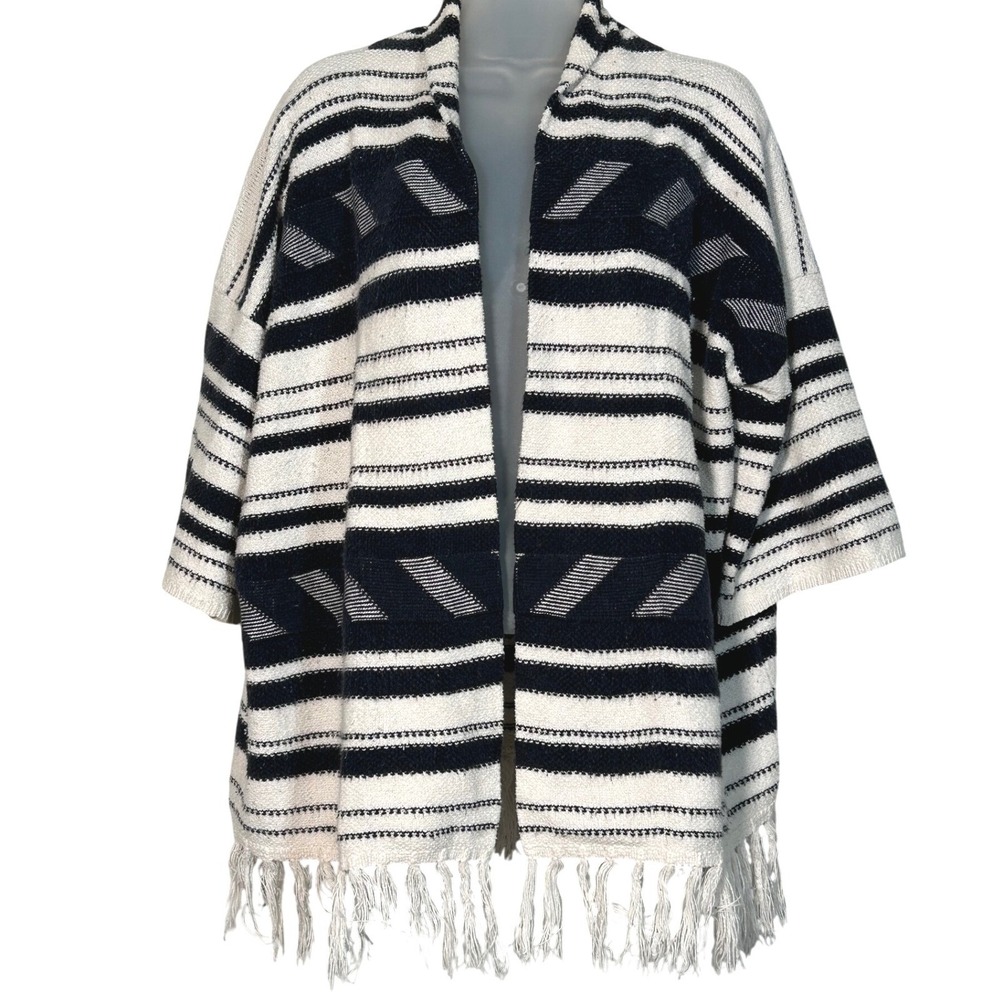 Lucky Brand Blue White Cream Striped Fringe Kimono Cardigan Cozy Casual One Size